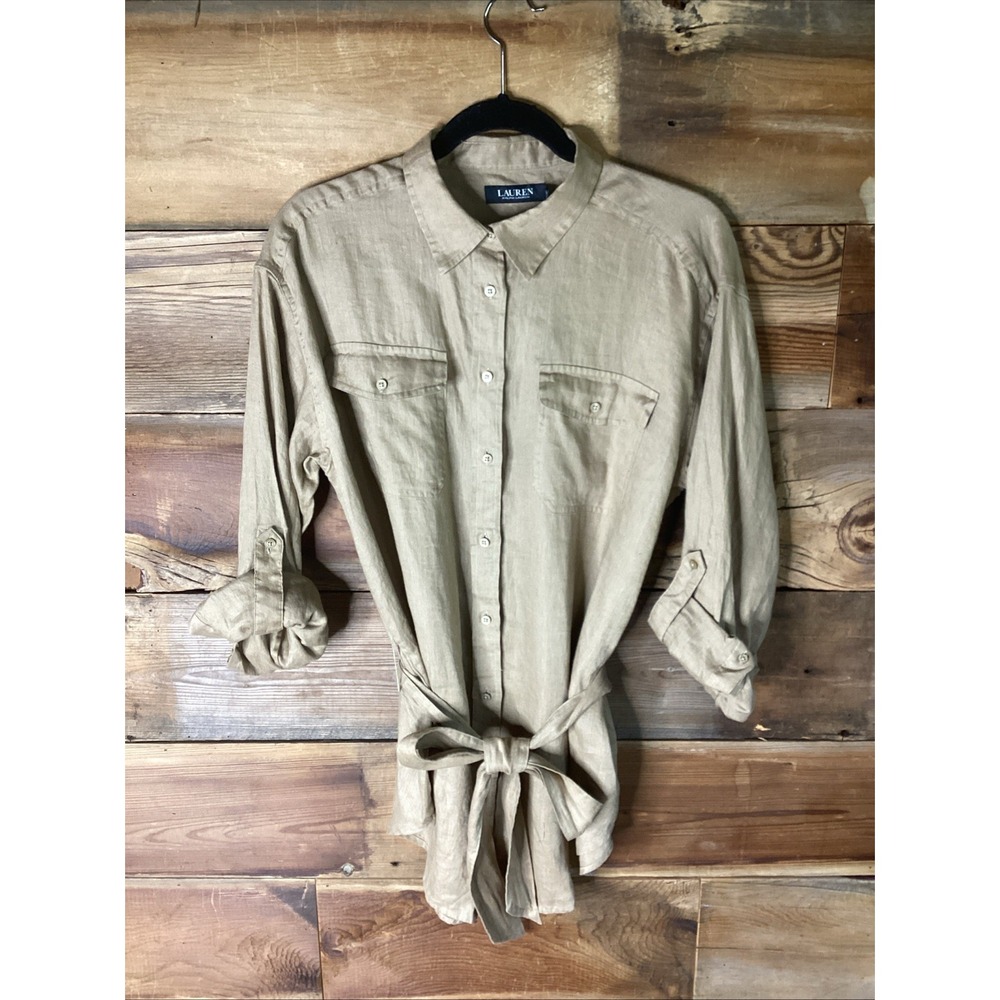 NWT RALPH LAUREN Tan Roll tab Sleeve Belted Linen Utility Pocket Shirt L